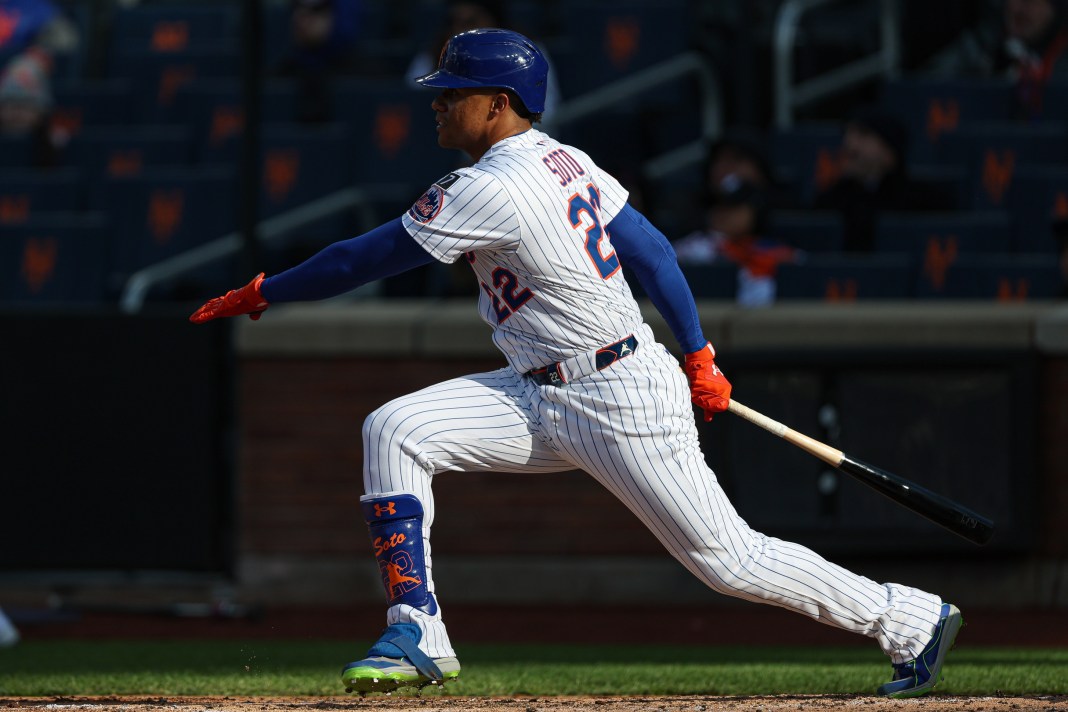 MLB: Miami Marlins at New York Mets New York Mets right fielder Juan Soto (22) singles during the third inning of the game against the Miami Marlins at Citi Field in New York City, New York, on April 8, 2025.