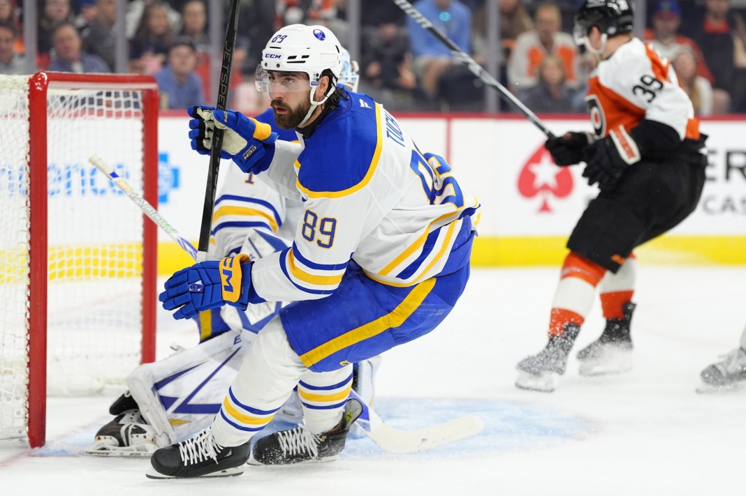Buffalo Sabres right wing Alex Tuch (89) in action against the Philadelphia Flyers during the second period at Wells Fargo Center in Philadelphia, Pennsylvania, on March 29, 2025.