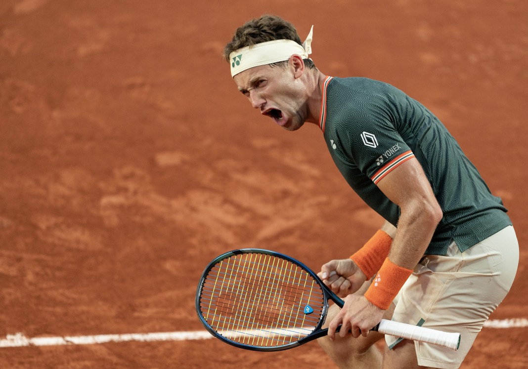Casper Ruud celebrates a win over Alejandro Davidovich Fokina at the 2024 French Open.