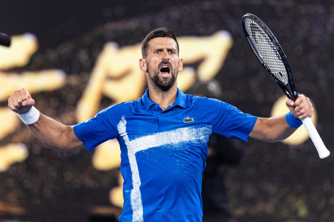 Novak Djokovic celebrates a win over Tomas Machac at the 2025 Australian Open.