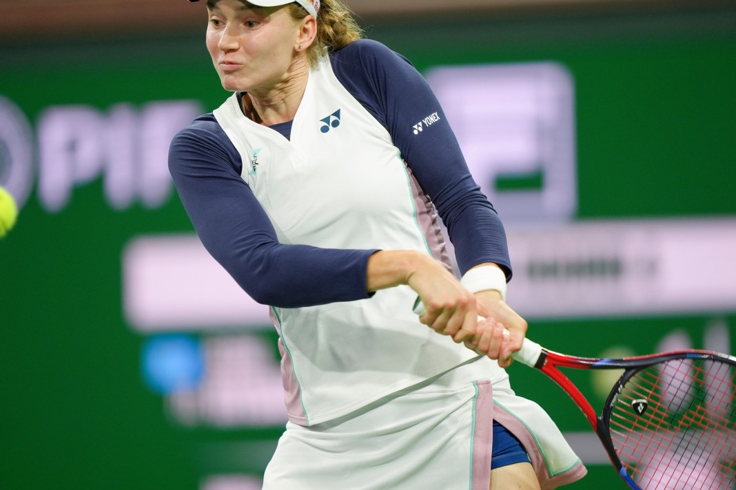 Elena Rybakina hits a backhand during the 2025 BNP Paribas Open in Indian Wells.