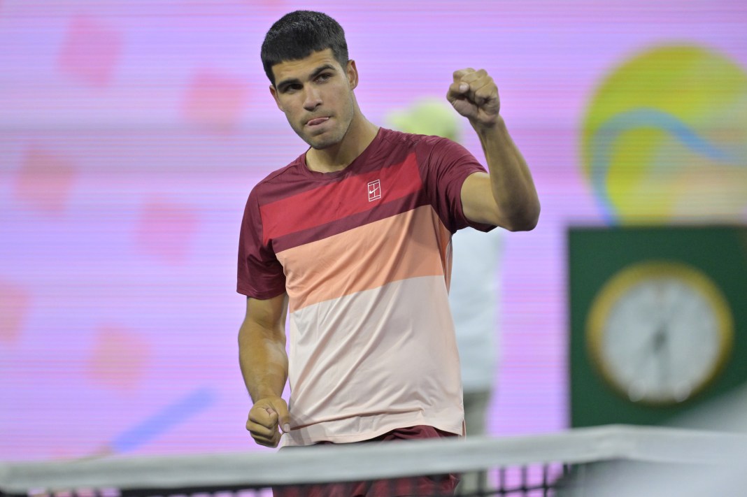 Carlos Alcaraz celebrates with the fans after a win over Grigor Dimitrov at the BNP Paribas Open in Indian Wells.