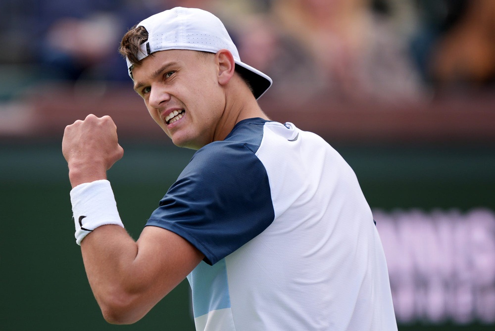 Holger Rune celebrates a win over Tallon Griekspoor at 2025 Indian Wells.