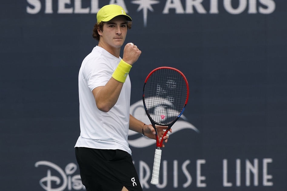 Joao Fonseca celebrates a point won at the 2025 Miami Open.