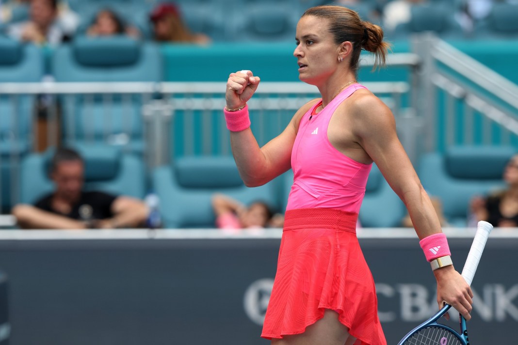 Maria Sakkari celebrates a point against Coco Gauff at the 2025 Miami Open.