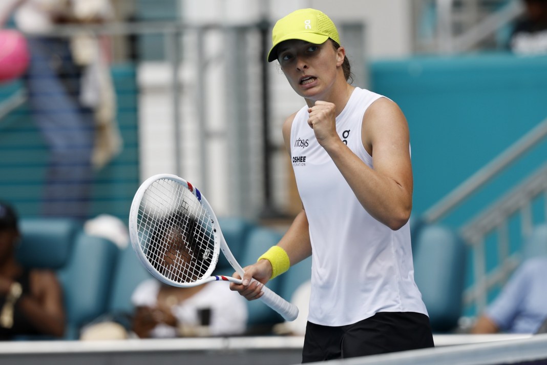 Iga Swiatek reacts to a point at the 2025 Miami Open.
