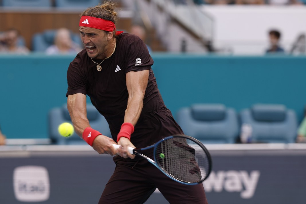 Alexander Zverev hits a backhand against Arthur Fils during the 2025 Miami Open.