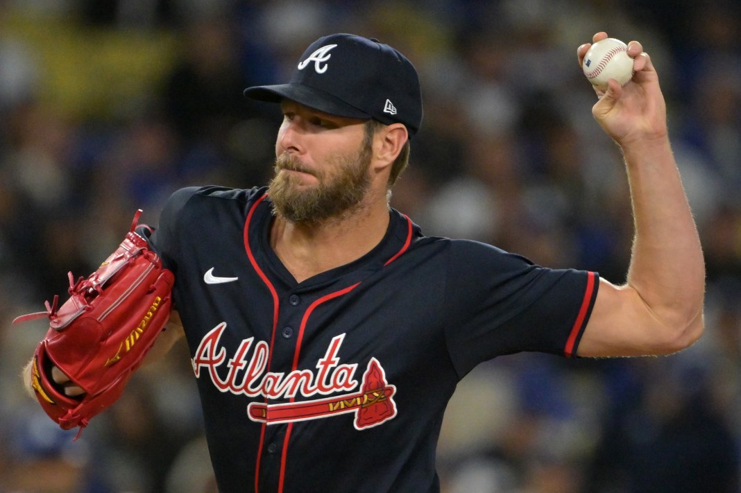 Atlanta Braves starting pitcher Chris Sale (51) delivers a pitch to the plate in the third inning against the Los Angeles Dodgers at Dodger Stadium in Los Angeles, California, on April 1, 2025.
