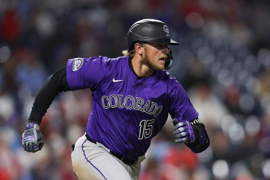 Colorado Rockies catcher Hunter Goodman (15) runs the bases after hitting a double during the ninth inning of the game against the Philadelphia Phillies at Citizens Bank Park in Philadelphia, Pennsylvania, on April 2, 2025.