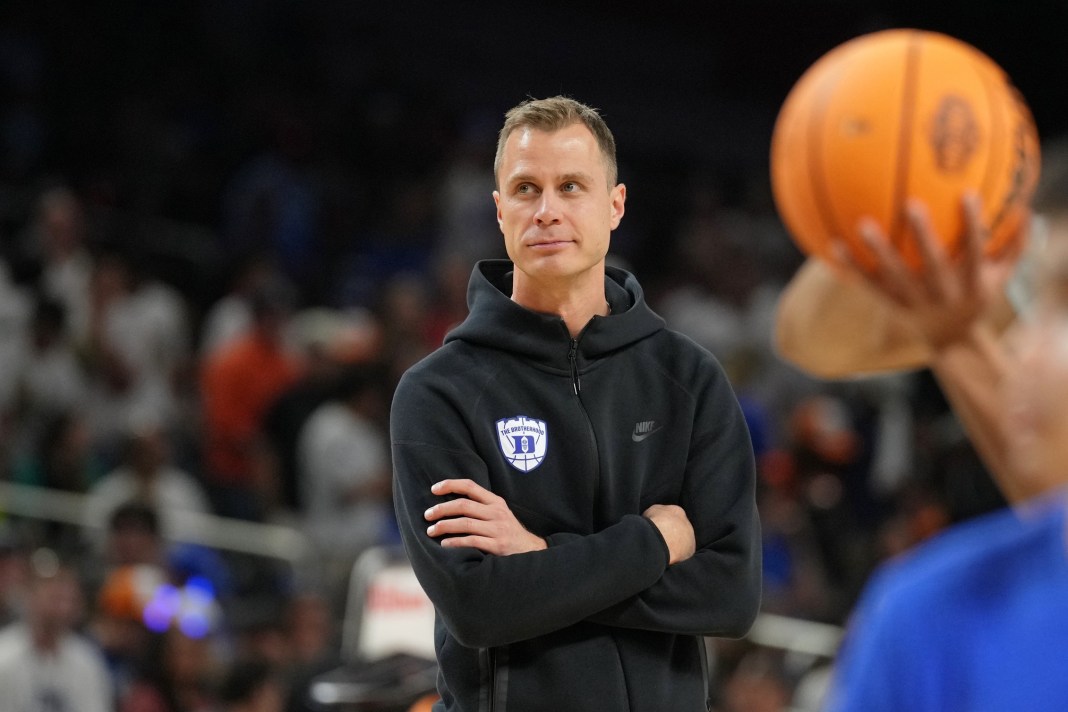 Duke Blue Devils head coach Jon Scheyer during a practice session for the Final Four of the 2025 NCAA tournament at the Alamodome in San Antonio, TX, on April 4, 2025.