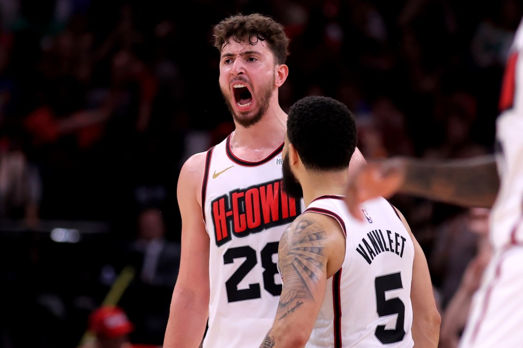 NBA: Oklahoma City Thunder at Houston Rockets Rockets center Alperen Sengun reacts to a dunk against the Thunder during the 2024-25 NBA season.