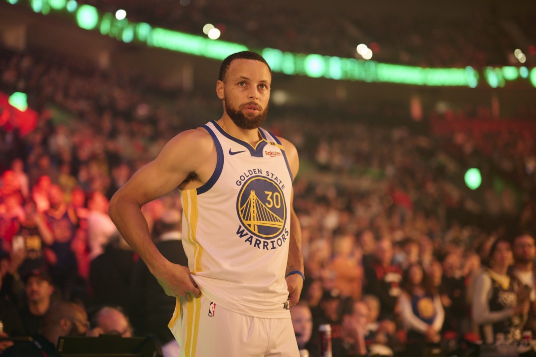 Warriors superstar Stephen Curry gets ready for a game against the Blazers during the 2024-25 NBA season.