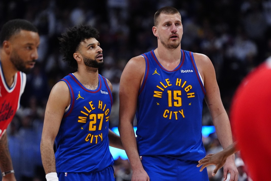 Nuggets stars Nikola Jokic and Jamal Murray walk during a series against the Clippers in the 2024-25 NBA Playoffs.