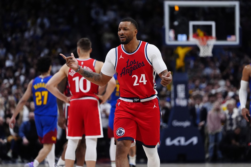 Clippers guard Norman Powell complains about a call during the Nuggets series in the 2024-25 NBA Playoffs.