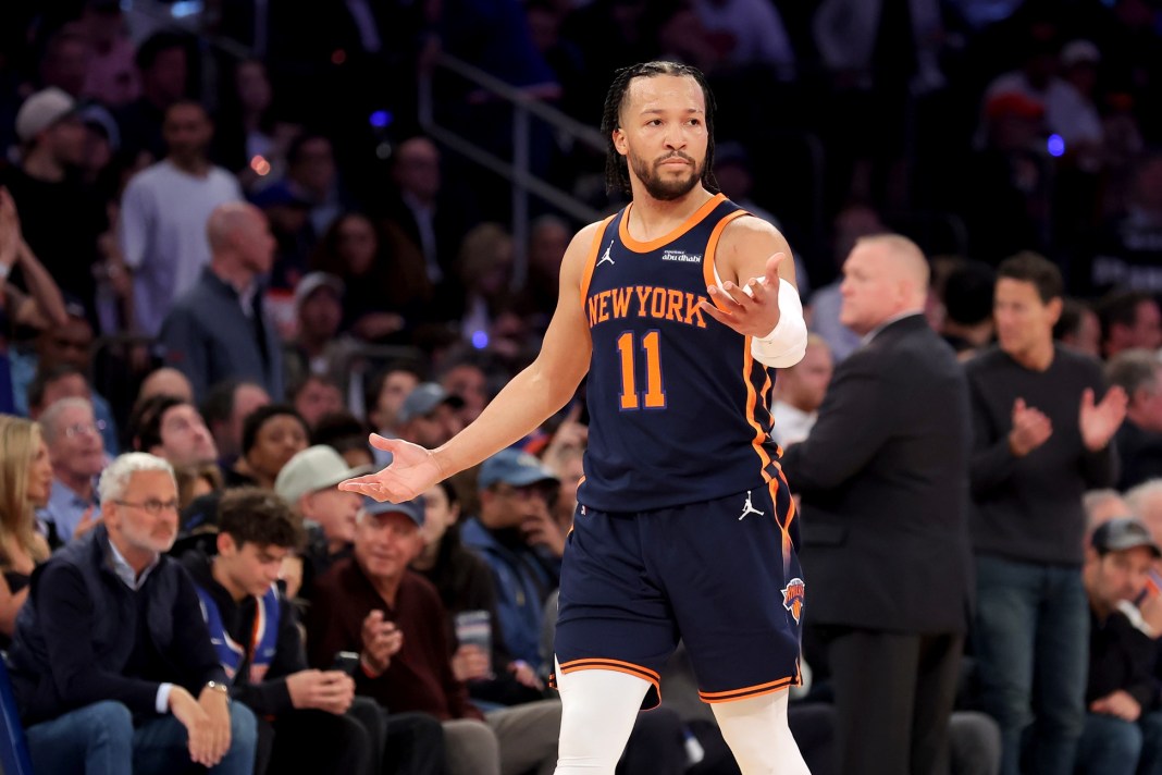 Knicks star Jalen Brunson reacts to a play against the Pistons during the 2024-25 NBA Playoffs.
