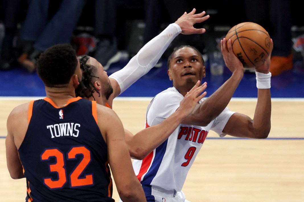 Detroit Pistons forward Ausar Thompson (9) looks to shoot the ball against New York Knicks guard Jalen Brunson (11) and center Karl-Anthony Towns (32) during the fourth quarter of game two of the first round of the 2024 NBA Playoffs at Madison Square Garden in New York, New York, on April 21, 2025.
