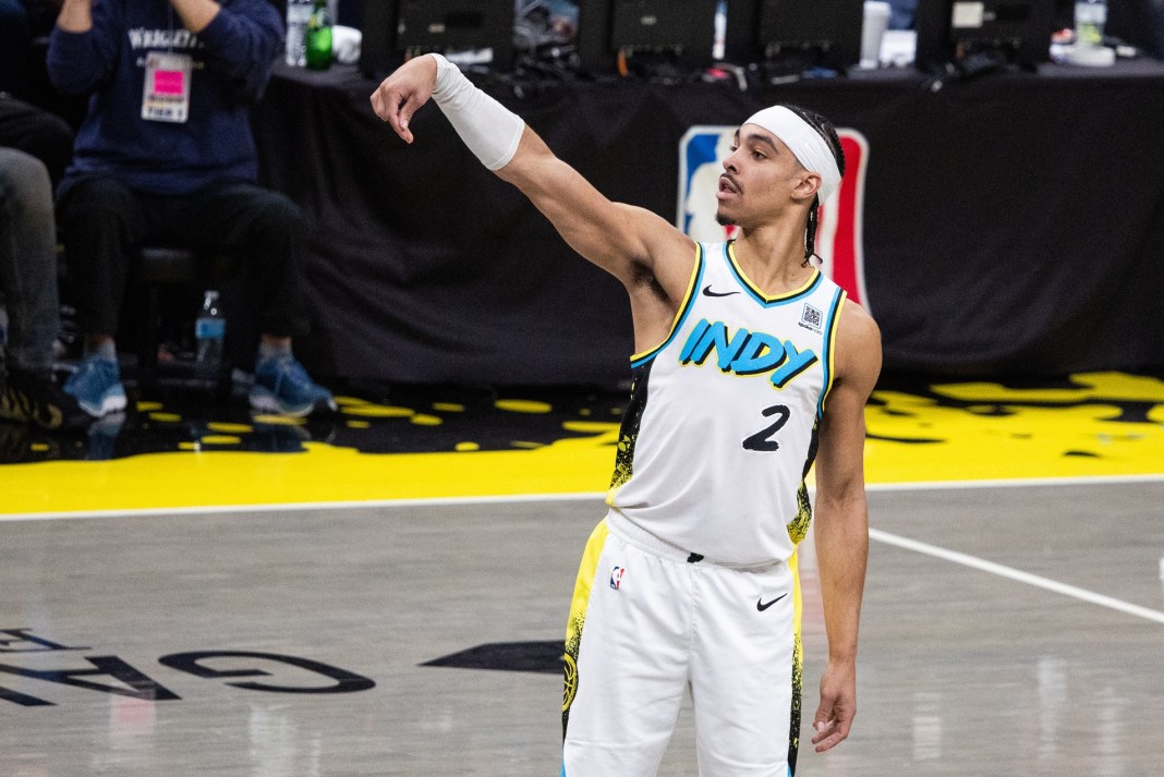 NBA: Playoffs-Milwaukee Bucks at Indiana Pacers Pacers guard Andrew Nembhard poses after a shot against the Bucks in the 2024-25 NBA Playoffs.