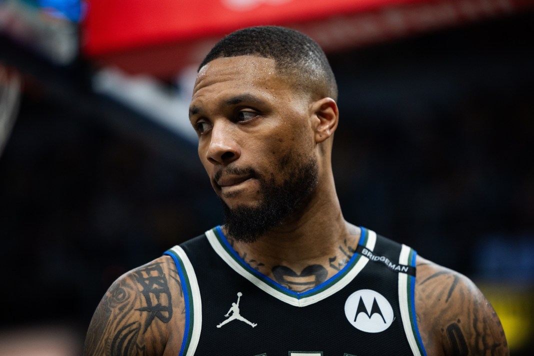 Milwaukee Bucks guard Damian Lillard (0) during game two of the first round of the 2024 NBA Playoffs against the Indiana Pacers at Gainbridge Fieldhouse in Indianapolis, Indiana, on April 22, 2025.