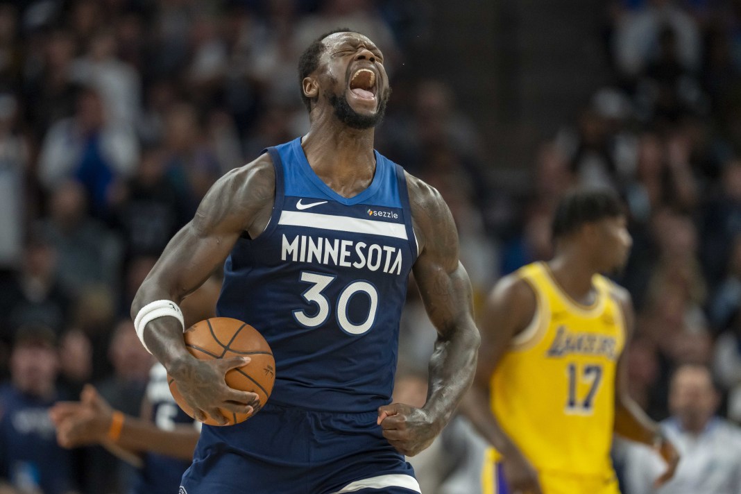 Timberwolves forward Julius Randle celebrates a play against the Lakers during the 2024-25 NBA Playoffs.