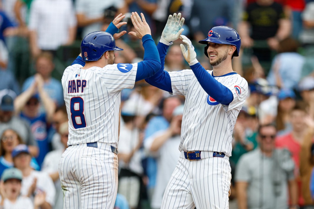 MLB: Arizona Diamondbacks at Chicago Cubs Chicago Cubs outfielder Kyle Tucker (30) celebrates with outfielder Ian Happ (8) after hitting a two-run home run during the eighth inning of the game against the Arizona Diamondbacks at Wrigley Field in Chicago, Illinois, on April 18, 2025.
