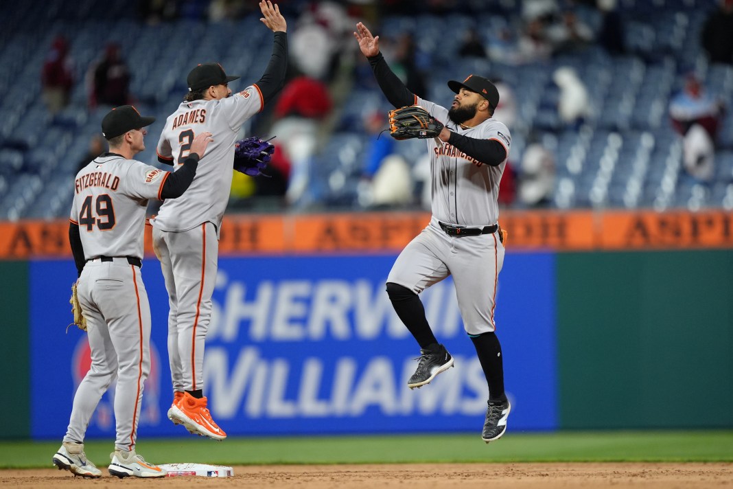 San Francisco Giants outfielder Heliot Ramos (17) celebrates with teammates after the game against the Philadelphia Phillies at Citizens Bank Park in Philadelphia, Pennsylvania, on April 16, 2025.