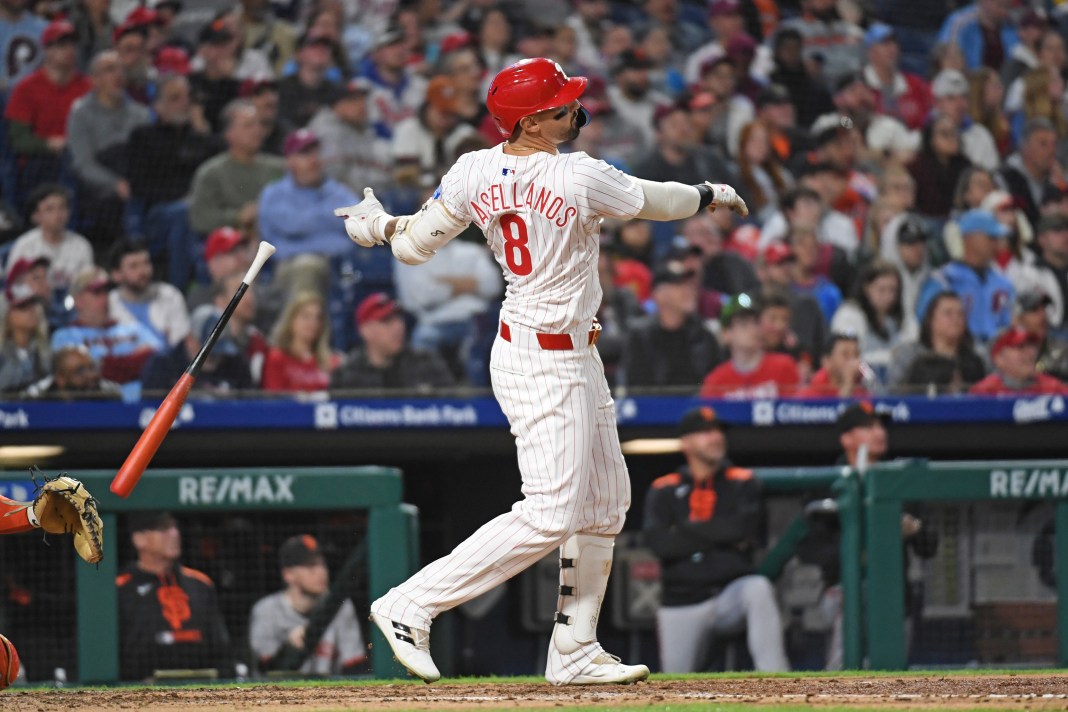 Philadelphia Phillies outfielder Nick Castellanos (8) watches his home run during the fifth inning of the game against the San Francisco Giants at Citizens Bank Park in Philadelphia, Pennsylvania, on April 14, 2025.