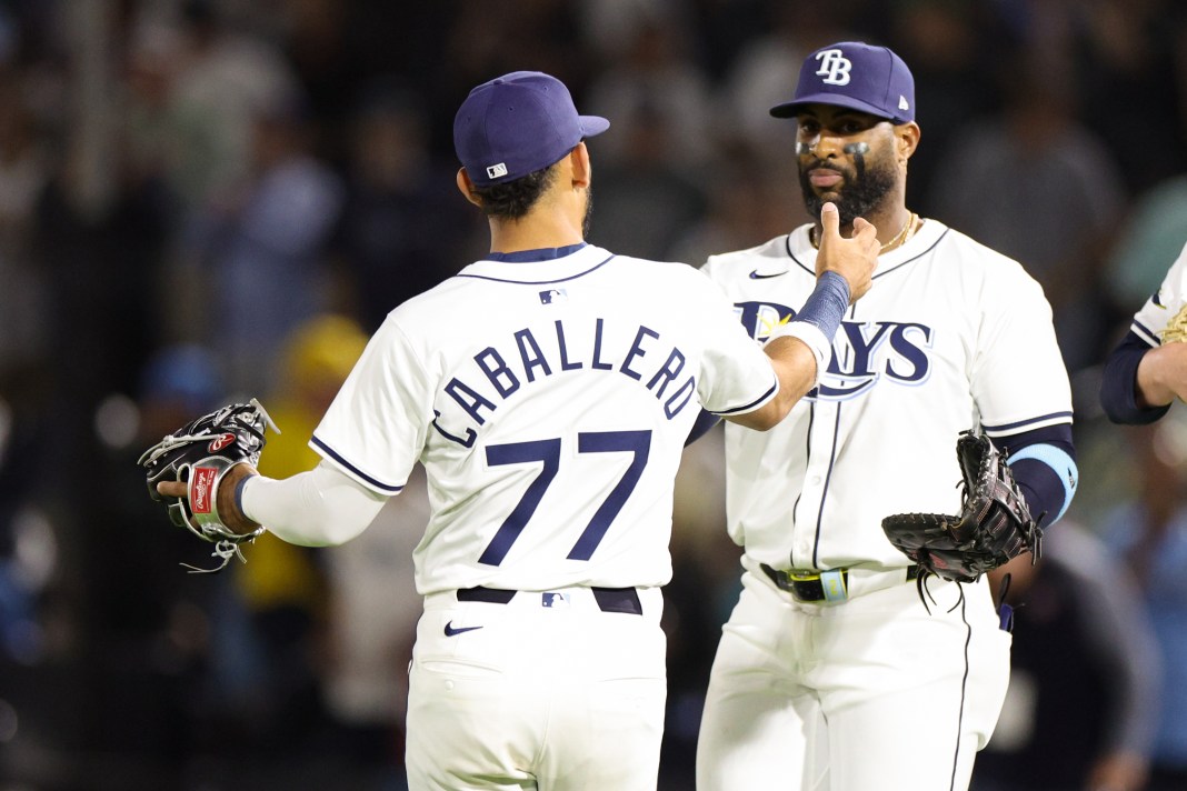 MLB: Los Angeles Angels at Tampa Bay Rays Tampa Bay Rays right fielder Jose Caballero (77) celebrates with first baseman Yandy Diaz (2) after defeating the Los Angeles Angels at George M. Steinbrenner Field in Anaheim, California, on April 9, 2025.