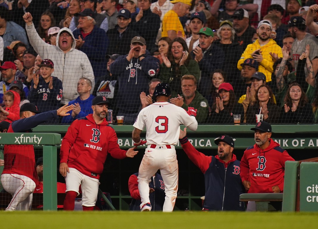 MLB: Seattle Mariners at Boston Red Sox Boston Red Sox outfielder Ceddanne Rafaela (3) is congratulated after scoring against the Seattle Mariners in the third inning of the game at Fenway Park in Boston, Massachusetts, on April 22, 2025.