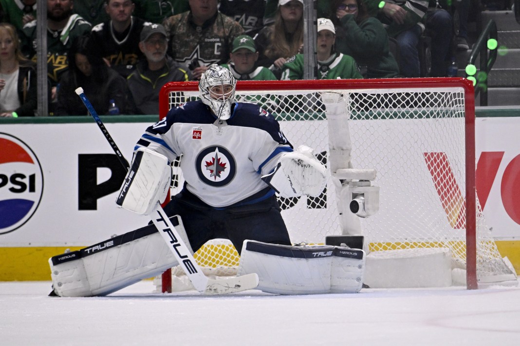 May 11, 2025; Dallas, Texas, USA; Winnipeg Jets goaltender Connor Hellebuyck (37) in action during the game between the Dallas Stars and the Winnipeg Jets in game three of the second round of the 2025 Stanley Cup Playoffs at American Airlines Center.