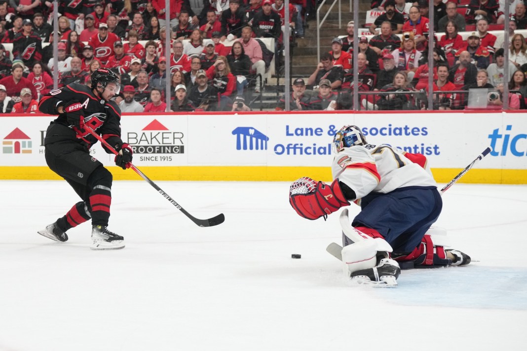Carolina Hurricanes forward Sebastian Aho (20) shoots against Florida Panthers goaltender Sergei Bobrovsky (72) during the first period in game one of the Eastern Conference Final of the 2025 Stanley Cup