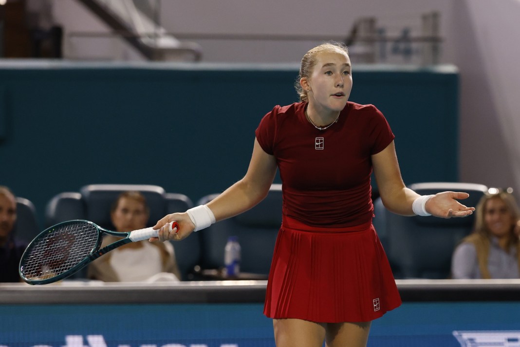 Mirra Andreeva reacts to a point against Amanda Anisimova at the 2025 Miami Open.
