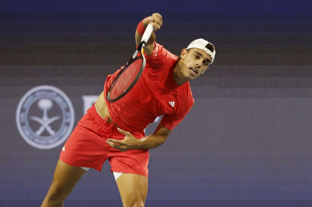 Francisco Cerundolo hits a serve at the 2025 Miami Open.
