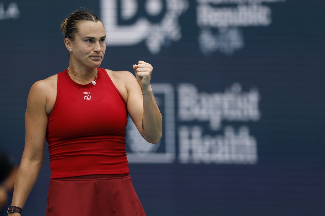 Aryna Sabalenka celebrates a win over Jessica Pegula in the 2025 Miami Open final.