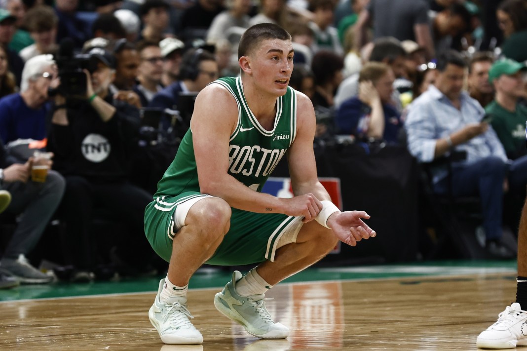 Celtics guard Payton Pritchard looks on against the Knicks during the 2024-25 NBA Playoffs.