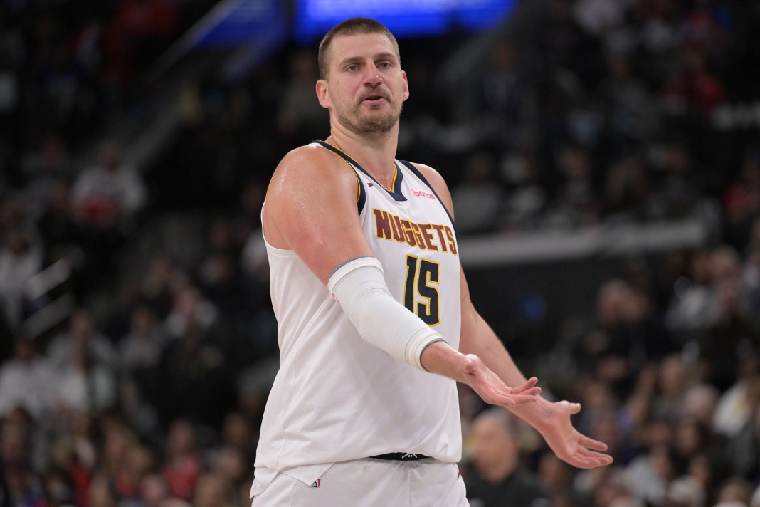 Nuggets star Nikola Jokic reacts to a play against the Clippers during the 2024-25 NBA season.