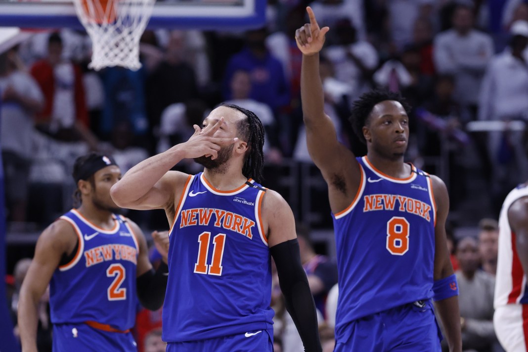NBA: Playoffs-New York Knicks at Detroit Pistons Knicks star Jalen Brunson celebrates with teammates after hitting a big shot against the Pistons during the 2024-25 NBA Playoffs.