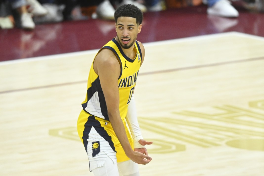 Pacers star Tyrese Haliburton celebrates a big shot against the Cavaliers in Game 2 of their series in the 2024-25 NBA Playoffs.