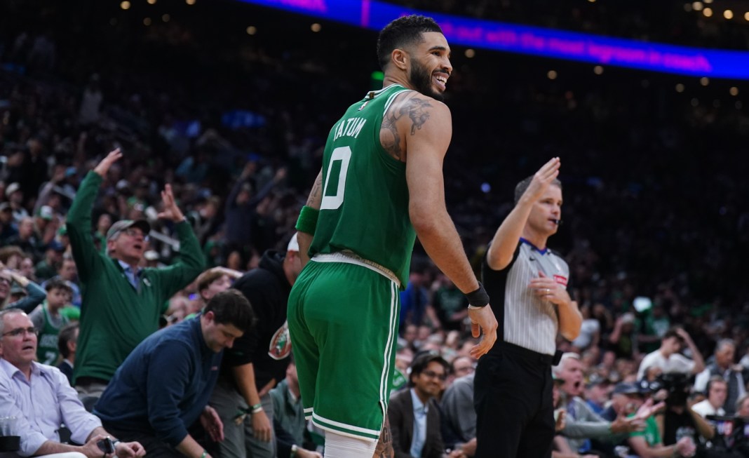 Celtics star Jayson Tatum runs up the floor against the Knicks during the 2024-25 NBA Playoffs.