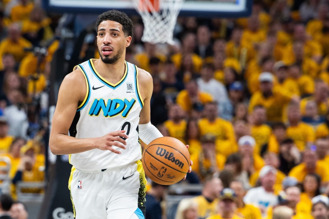 Pacers star Tyrese Haliburton brings the ball up against the Cavaliers in Game 3 of the 2024-25 NBA Playoffs.