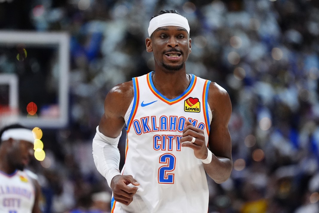 Thunder superstar Shai Gilgeous-Alexander runs the floor against the Nuggets during the 2024-25 NBA Playoffs.