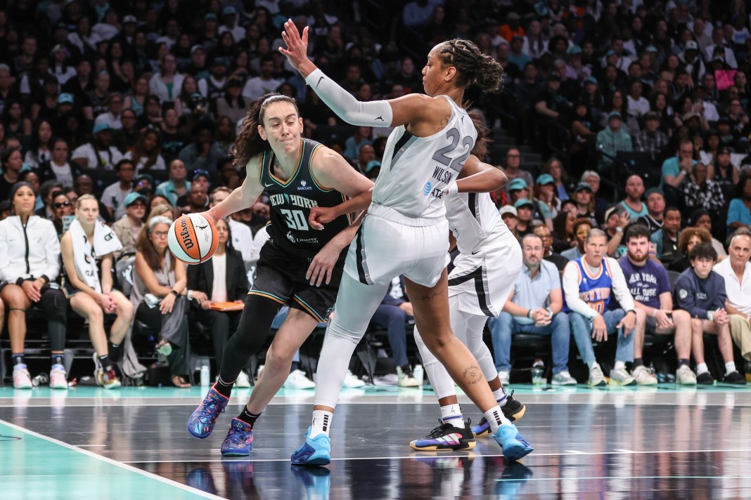 WNBA: Las Vegas Aces at New York Liberty Breanna Stewart New York Liberty forward and A'ja Wilson Las Vegas Aces center