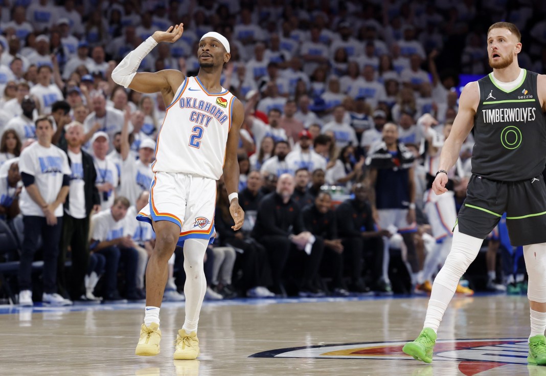 Thunder superstar Shai Gilgeous-Alexander celebrates a 3 against the Timberwolves during the 2024-25 NBA Playoffs.
