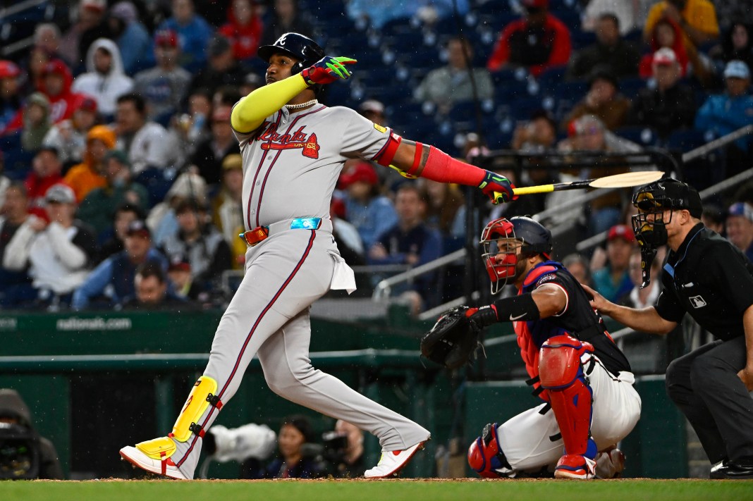 Atlanta Braves designated hitter Marcell Ozuna (20) singles during the fifth inning of the game against the Washington Nationals at Nationals Park in Washington, D.C., on May 22, 2025.