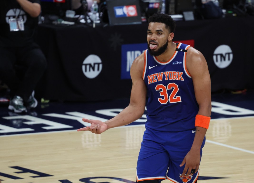 NBA: Playoffs-New York Knicks at Indiana Pacers Knicks star Karl-Anthony Towns celebrates a made 3 against the Pacers in Game 3 of the 2024-25 NBA Eastern Conference Finals.