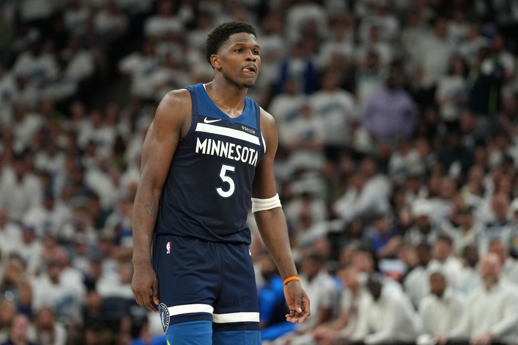 Timberwolves superstar Anthony Edwards looks on during a disappointing Game 4 performance against the Thunder in the 2024-25 NBA Western Conference Finals.