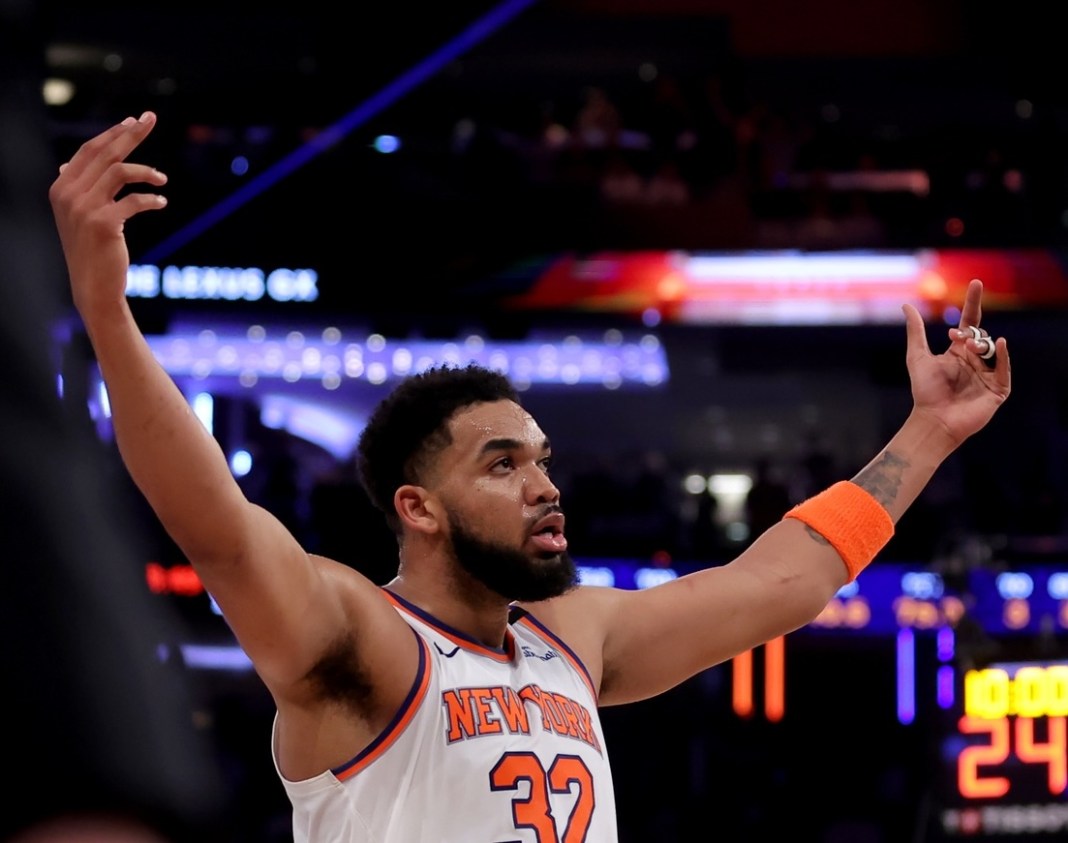 New York Knicks center Karl-Anthony Towns (32) reacts during the second quarter of game six in the second round of the 2025 NBA Playoffs against the Boston Celtics at Madison Square Garden in New York, New York, on May 16, 2025.