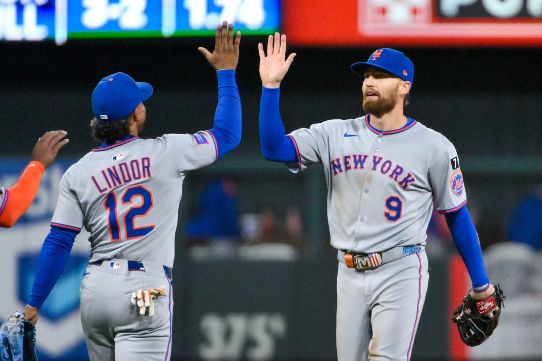 MLB: New York Mets at St. Louis Cardinals New York Mets left fielder Brandon Nimmo (9) celebrates with shortstop Francisco Lindor (12) after the Mets defeated the St. Louis Cardinals at Busch Stadium in St. Louis, Missouri, on May 2, 2025.