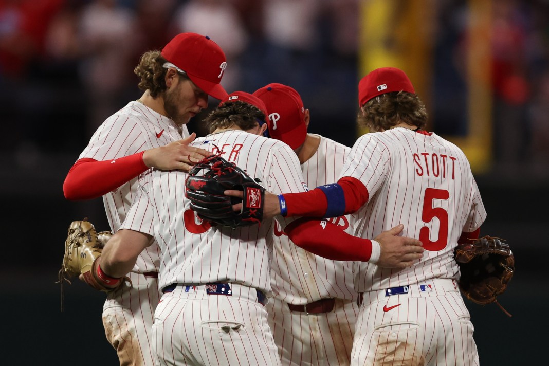 MLB: Arizona Diamondbacks at Philadelphia Phillies Philadelphia Phillies first baseman Bryce Harper (3), third baseman Alec Bohm (28), second baseman Bryson Stott (5), and shortstop Trea Turner (7) huddle after a victory against the Arizona Diamondbacks at Citizens Bank Park in Philadelphia, Pennsylvania, on May 3, 2025.