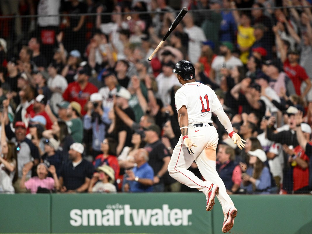 MLB: Atlanta Braves at Boston Red Sox Boston Red Sox designated hitter Rafael Devers (11) hits a walk-off home run during the ninth inning of the game against the Atlanta Braves at Fenway Park in Boston, Massachusetts, on May 17, 2025.
