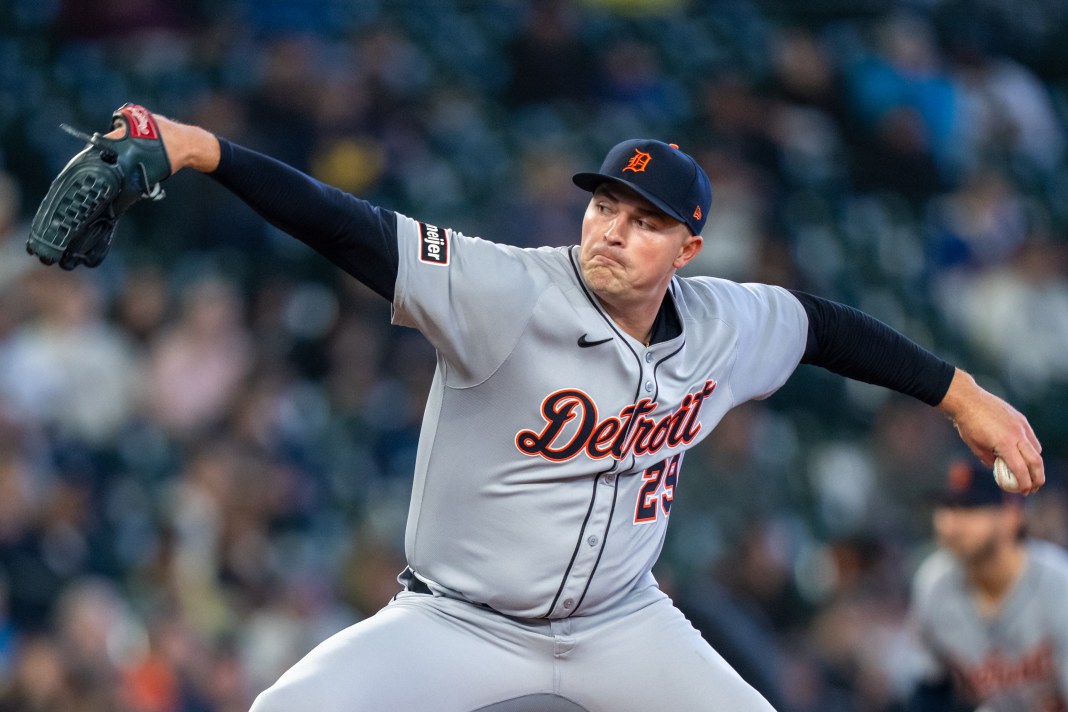 Detroit Tigers starter Tarik Skubal (29) delivers a pitch during the fourth inning of the game against the Seattle Mariners at T-Mobile Park in Seattle, Washington, on April 2, 2025.